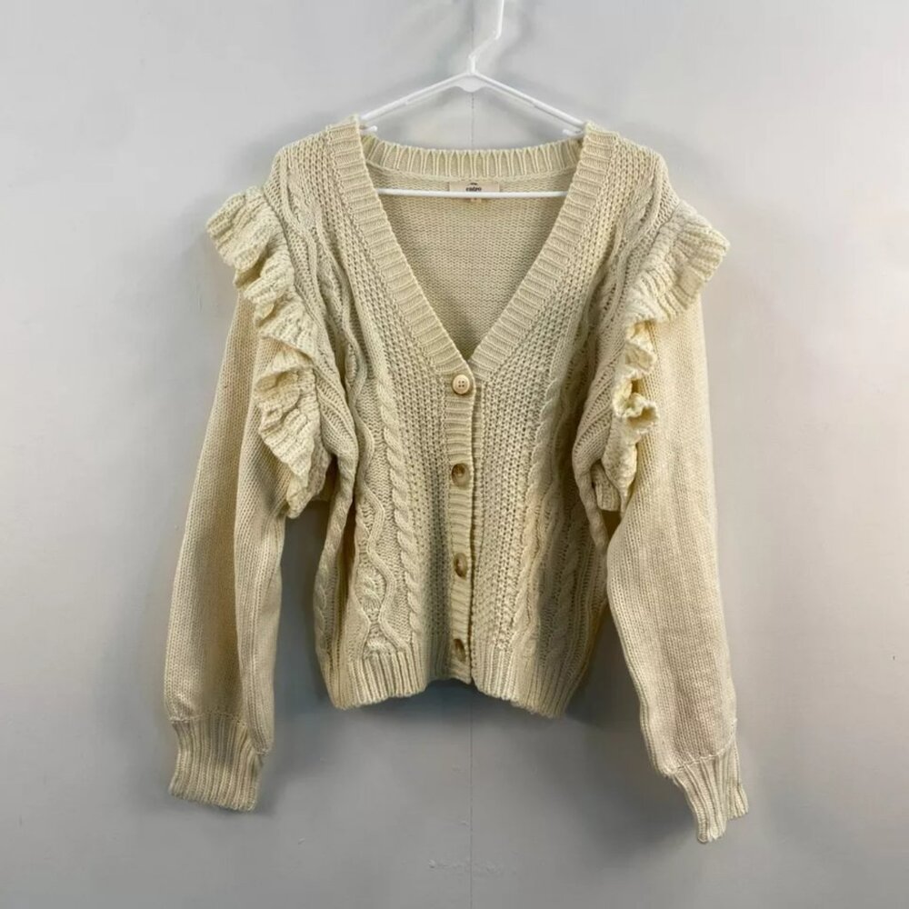 Entro Womens Large Sweater Top Cardigan Long Sleeve Ruffle Knit Button V-Neck